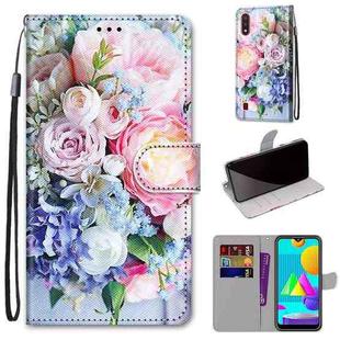 For Samsung Galaxy M01 Coloured Drawing Cross Texture Horizontal Flip PU Leather Case with Holder & Card Slots & Wallet & Lanyard(Light Pink Bouquet)