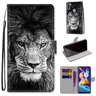 For Samsung Galaxy M11 & A11 Coloured Drawing Cross Texture Horizontal Flip PU Leather Case with Holder & Card Slots & Wallet & Lanyard(Black and White Lion Head)