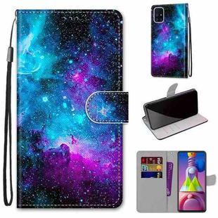 For Samsung Galaxy M51 Coloured Drawing Cross Texture Horizontal Flip PU Leather Case with Holder & Card Slots & Wallet & Lanyard(Purple Green Starry Sky)