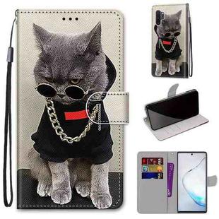 For Samsung Galaxy Note10+ Coloured Drawing Cross Texture Horizontal Flip PU Leather Case with Holder & Card Slots & Wallet & Lanyard(Golden Chain Grey Cat)