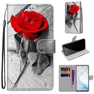 For Samsung Galaxy Note10+ Coloured Drawing Cross Texture Horizontal Flip PU Leather Case with Holder & Card Slots & Wallet & Lanyard(Red Rose On Wooden)