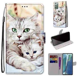 For Samsung Galaxy Note20 Coloured Drawing Cross Texture Horizontal Flip PU Leather Case with Holder & Card Slots & Wallet & Lanyard(Big Cat Hugging Kitten)