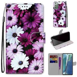 For Samsung Galaxy Note20 Coloured Drawing Cross Texture Horizontal Flip PU Leather Case with Holder & Card Slots & Wallet & Lanyard(Chrysanthemum Pink White Purple)