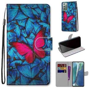 For Samsung Galaxy Note20 Coloured Drawing Cross Texture Horizontal Flip PU Leather Case with Holder & Card Slots & Wallet & Lanyard(Big Red Butterfly On Blue)