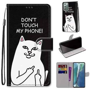 For Samsung Galaxy Note20 Coloured Drawing Cross Texture Horizontal Flip PU Leather Case with Holder & Card Slots & Wallet & Lanyard(Middle Finger White Cat)
