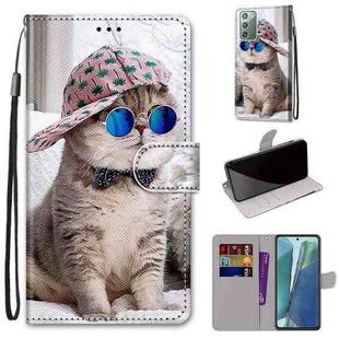 For Samsung Galaxy Note20 Coloured Drawing Cross Texture Horizontal Flip PU Leather Case with Holder & Card Slots & Wallet & Lanyard(Oblique Hat Blue Mirror Cat)