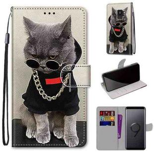 For Samsung Galaxy S9 Coloured Drawing Cross Texture Horizontal Flip PU Leather Case with Holder & Card Slots & Wallet & Lanyard(Golden Chain Grey Cat)