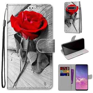 For Samsung Galaxy S10 Coloured Drawing Cross Texture Horizontal Flip PU Leather Case with Holder & Card Slots & Wallet & Lanyard(Red Rose On Wooden)