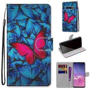 For Samsung Galaxy S10 Coloured Drawing Cross Texture Horizontal Flip PU Leather Case with Holder & Card Slots & Wallet & Lanyard(Big Red Butterfly On Blue)
