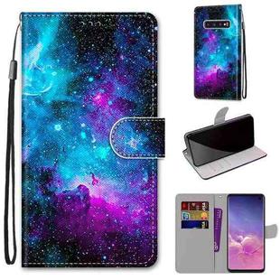 For Samsung Galaxy S10 Coloured Drawing Cross Texture Horizontal Flip PU Leather Case with Holder & Card Slots & Wallet & Lanyard(Purple Green Starry Sky)