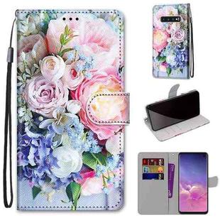 For Samsung Galaxy S10 Coloured Drawing Cross Texture Horizontal Flip PU Leather Case with Holder & Card Slots & Wallet & Lanyard(Light Pink Bouquet)