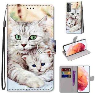 For Samsung Galaxy S21 5G Coloured Drawing Cross Texture Horizontal Flip PU Leather Case with Holder & Card Slots & Wallet & Lanyard(Big Cat Hugging Kitten)