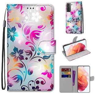 For Samsung Galaxy S21 5G Coloured Drawing Cross Texture Horizontal Flip PU Leather Case with Holder & Card Slots & Wallet & Lanyard(Gradient Colorful Flower)