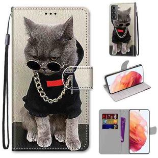 For Samsung Galaxy S21 5G Coloured Drawing Cross Texture Horizontal Flip PU Leather Case with Holder & Card Slots & Wallet & Lanyard(Golden Chain Grey Cat)