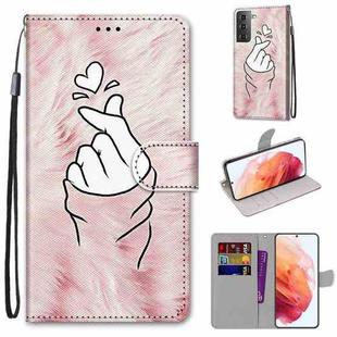 For Samsung Galaxy S21 5G Coloured Drawing Cross Texture Horizontal Flip PU Leather Case with Holder & Card Slots & Wallet & Lanyard(Pink Hands Than Hearts)