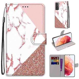 For Samsung Galaxy S21 5G Coloured Drawing Cross Texture Horizontal Flip PU Leather Case with Holder & Card Slots & Wallet & Lanyard(Stitching Pink Stone Pattern)