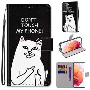 For Samsung Galaxy S21 5G Coloured Drawing Cross Texture Horizontal Flip PU Leather Case with Holder & Card Slots & Wallet & Lanyard(Middle Finger White Cat)
