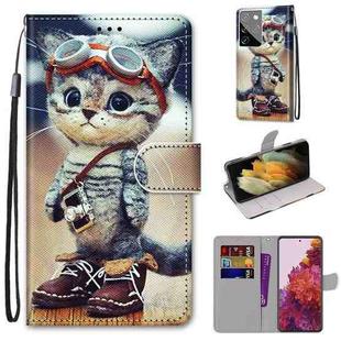 For Samsung Galaxy S21 Ultra 5G Coloured Drawing Cross Texture Horizontal Flip PU Leather Case with Holder & Card Slots & Wallet & Lanyard(Leather Shoes Cat)