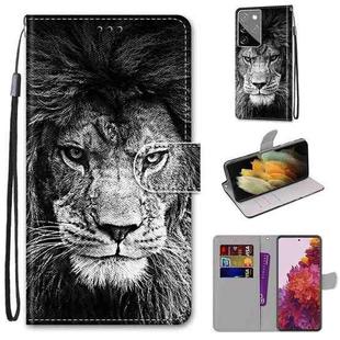 For Samsung Galaxy S21 Ultra 5G Coloured Drawing Cross Texture Horizontal Flip PU Leather Case with Holder & Card Slots & Wallet & Lanyard(Black and White Lion Head)