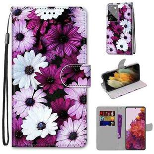For Samsung Galaxy S21 Ultra 5G Coloured Drawing Cross Texture Horizontal Flip PU Leather Case with Holder & Card Slots & Wallet & Lanyard(Chrysanthemum Pink White Purple)