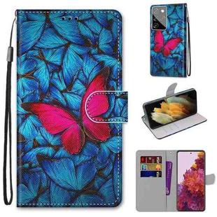 For Samsung Galaxy S21 Ultra 5G Coloured Drawing Cross Texture Horizontal Flip PU Leather Case with Holder & Card Slots & Wallet & Lanyard(Big Red Butterfly On Blue)
