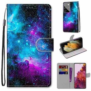 For Samsung Galaxy S21 Ultra 5G Coloured Drawing Cross Texture Horizontal Flip PU Leather Case with Holder & Card Slots & Wallet & Lanyard(Purple Green Starry Sky)