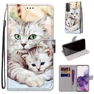For Samsung Galaxy S21+ 5G Coloured Drawing Cross Texture Horizontal Flip PU Leather Case with Holder & Card Slots & Wallet & Lanyard(Big Cat Hugging Kitten)