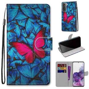 For Samsung Galaxy S21+ 5G Coloured Drawing Cross Texture Horizontal Flip PU Leather Case with Holder & Card Slots & Wallet & Lanyard(Big Red Butterfly On Blue)
