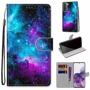 For Samsung Galaxy S21+ 5G Coloured Drawing Cross Texture Horizontal Flip PU Leather Case with Holder & Card Slots & Wallet & Lanyard(Purple Green Starry Sky)