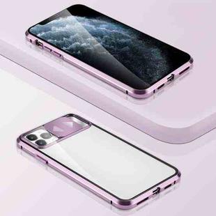 Sliding Lens Cover Mirror Design Four-corner Shockproof Magnetic Metal Frame Double-sided Tempered Glass Case For iPhone 11 Pro(Purple)