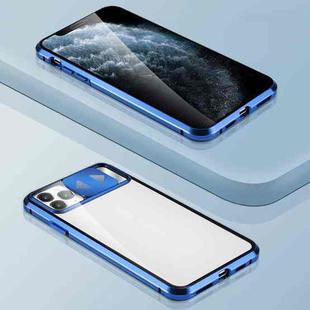 Sliding Lens Cover Mirror Design Four-corner Shockproof Magnetic Metal Frame Double-sided Tempered Glass Case For iPhone 11 Pro Max(Blue)