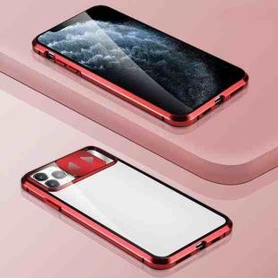 Sliding Lens Cover Mirror Design Four-corner Shockproof Magnetic Metal Frame Double-sided Tempered Glass Case For iPhone 11 Pro Max(Red)
