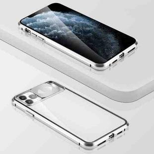 Sliding Lens Cover Mirror Design Four-corner Shockproof Magnetic Metal Frame Double-sided Tempered Glass Case For iPhone 11 Pro Max(Silver)