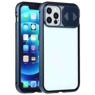 For iPhone 12 Pro Max Sliding Lens Cover Mirror Design Four-corner Shockproof Magnetic Metal Frame Double-sided Tempered Glass Case(Blue)