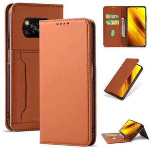 For Xiaomi Poco X3 Strong Magnetism Liquid Feel Horizontal Flip Leather Case with Holder & Card Slots & Wallet(Brown)
