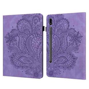 For Samsung Galaxy Tab S8 / Galaxy Tab S7 T875 Peacock Embossed Pattern TPU + PU Horizontal Flip Leather Case with Holder & Card Slots & Wallet(Purple)