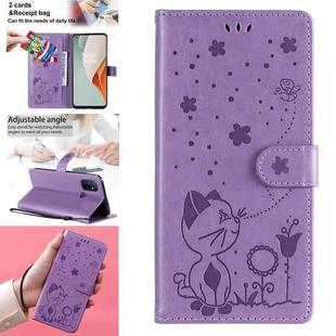 For OnePlus Nord N100 5G Cat Bee Embossing Pattern Shockproof Horizontal Flip Leather Case with Holder & Card Slots & Wallet(Purple)