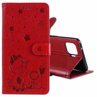 For OPPO F17 Pro / Reno4 Lite Cat Bee Embossing Pattern Shockproof Horizontal Flip Leather Case with Holder & Card Slots & Wallet(Red)