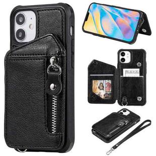 For iPhone 12 mini Zipper Double Buckle Shockproof Protective Case with Stand & Photo Holder & Wallet Function (Black)