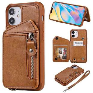 For iPhone 12 mini Zipper Double Buckle Shockproof Protective Case with Stand & Photo Holder & Wallet Function (Brown)