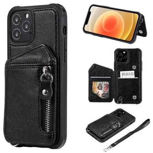 For iPhone 12 / 12 Pro Zipper Double Buckle Shockproof Protective Case with Stand & Photo Holder & Wallet Function(Black)