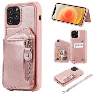 For iPhone 12 / 12 Pro Zipper Double Buckle Shockproof Protective Case with Stand & Photo Holder & Wallet Function(Rose Gold)