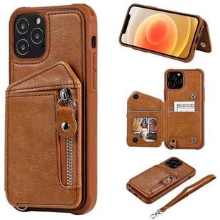 For iPhone 12 / 12 Pro Zipper Double Buckle Shockproof Protective Case with Stand & Photo Holder & Wallet Function(Brown)