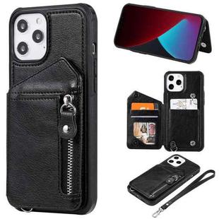 For iPhone 12 Pro Max Zipper Double Buckle Shockproof Protective Case with Stand & Photo Holder & Wallet Function(Black)