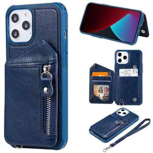 For iPhone 12 Pro Max Zipper Double Buckle Shockproof Protective Case with Stand & Photo Holder & Wallet Function(Blue)