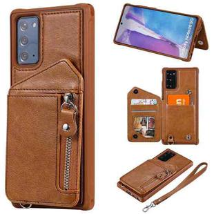 For Samsung Galaxy Note20 Zipper Double Buckle Shockproof Protective Case with Stand & Photo Holder & Wallet Function(Brown)