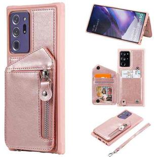 For Samsung Galaxy Note20 Ultra Zipper Double Buckle Shockproof Protective Case with Stand & Photo Holder & Wallet Function(Rose Gold)