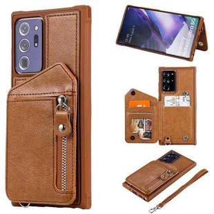 For Samsung Galaxy Note20 Ultra Zipper Double Buckle Shockproof Protective Case with Stand & Photo Holder & Wallet Function(Brown)