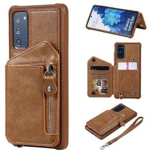 For Samsung Galaxy S20 FE Zipper Double Buckle Shockproof Protective Case with Stand & Photo Holder & Wallet Function(Brown)
