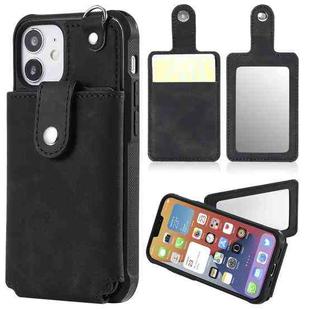 For iPhone 12 mini Shockproof Protective Case with Mirror & Card Slot & Short Lanyard (Black)